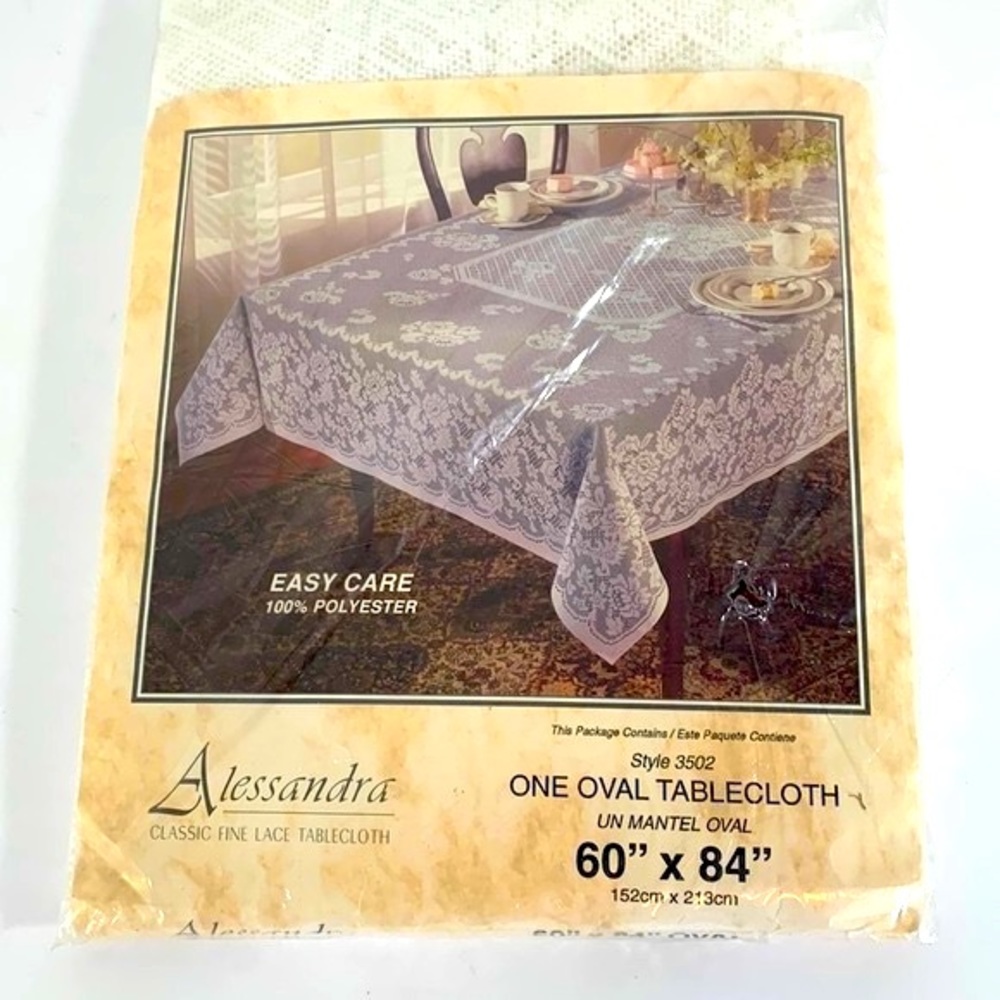 Alessandra Vintage New Sealed Lace 60”x84” Oval White Polyester Tablecloth